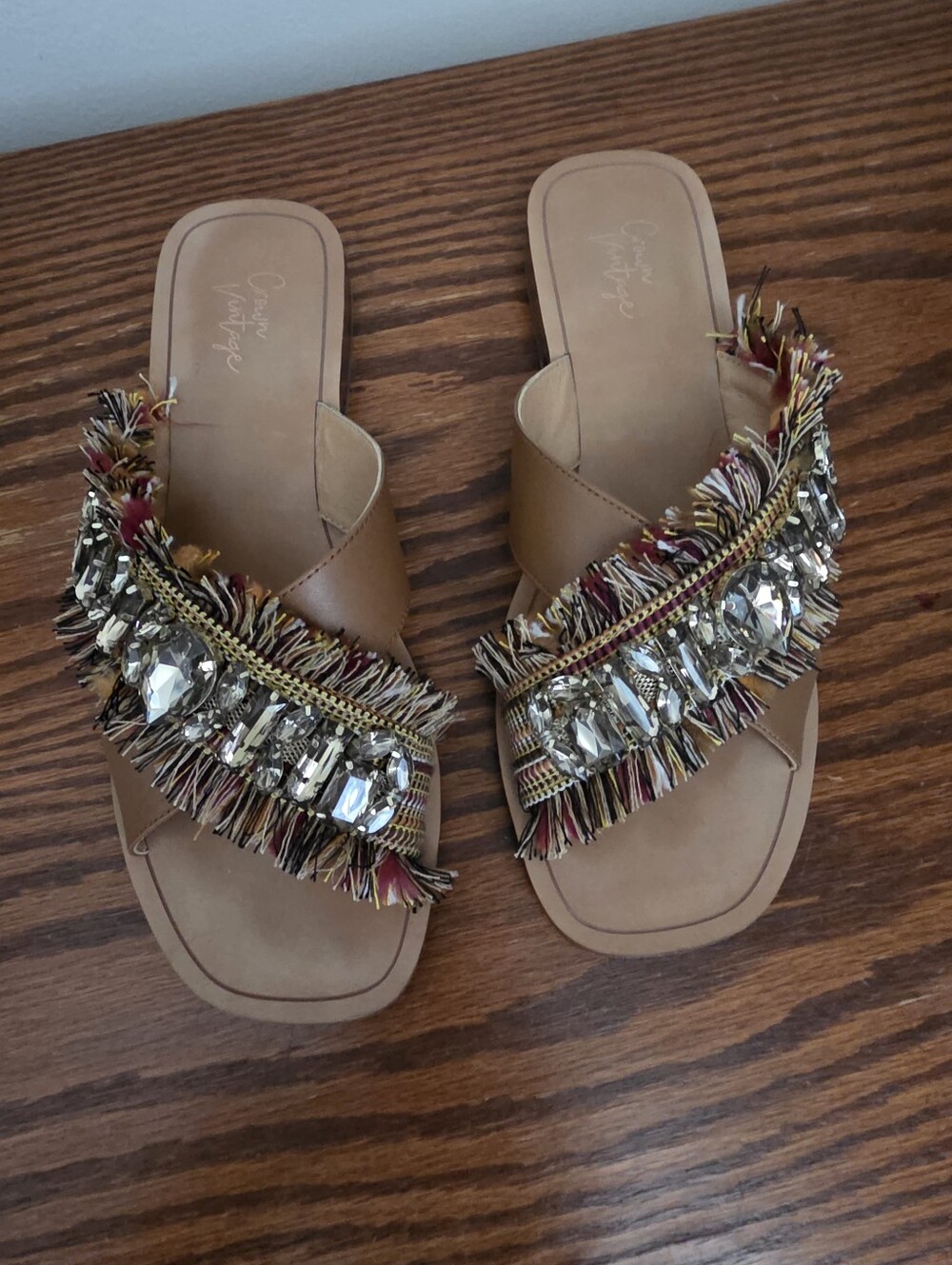 Beige Embellished Slide Sandals with Fringe